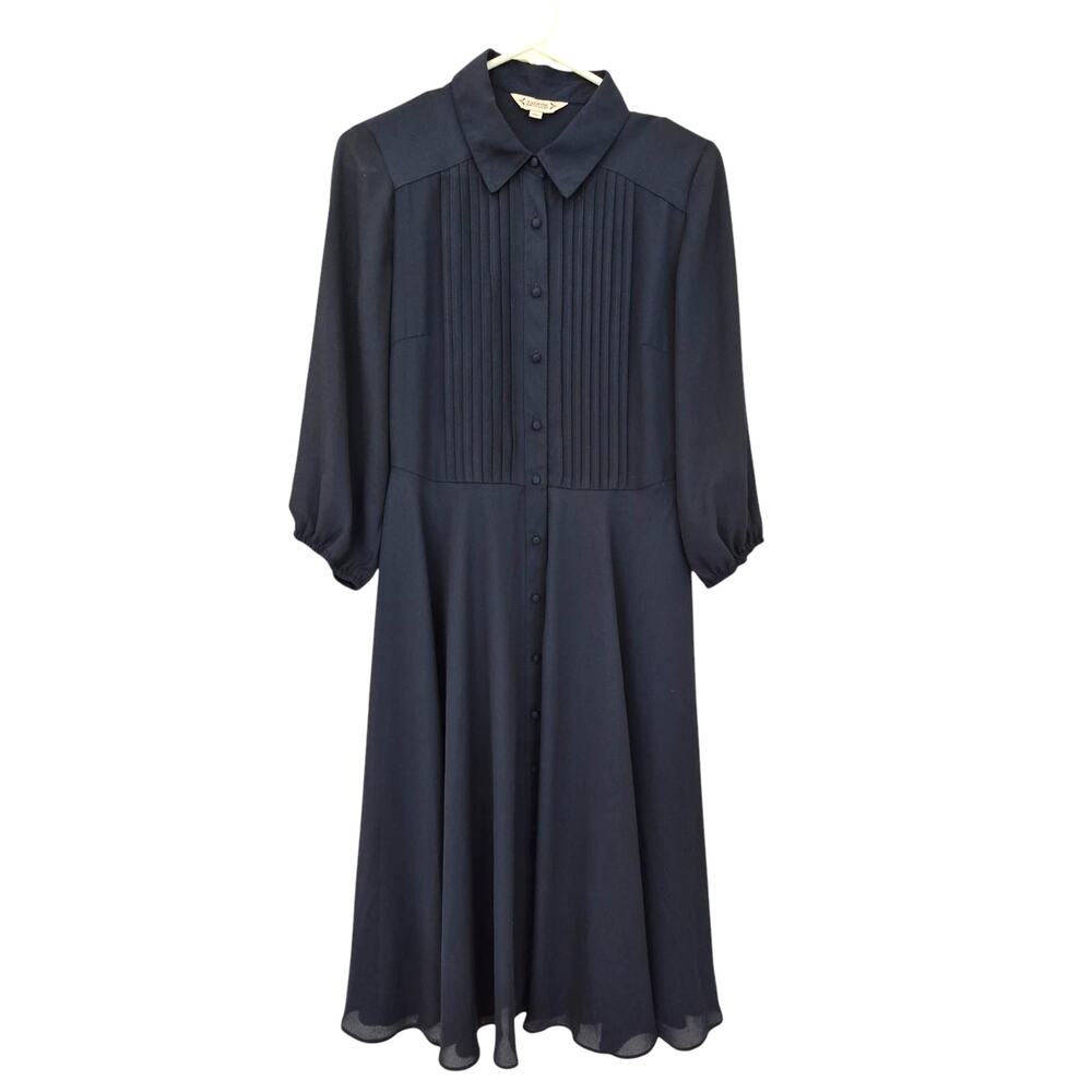 Nanette Lepore Dress Sz 4 Navy Blue 3/4 Sleeve Modest  Fit Flare Tux Front